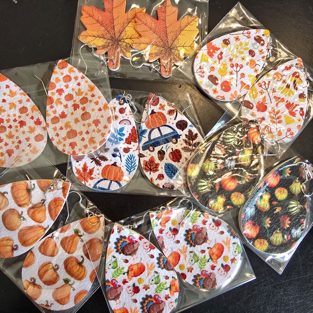 7 Fall Thanksgiving Earrings earring lot pumpkin leaf Turkey leaves Autumn cozy
